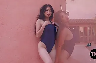 Outstanding, Asian dark-skinned-haired, Reina is slowly interesting off her bathing suit to flash us her bare topping