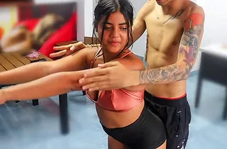 Stepbrother helps Indian Tinysis workout with his big hot goods